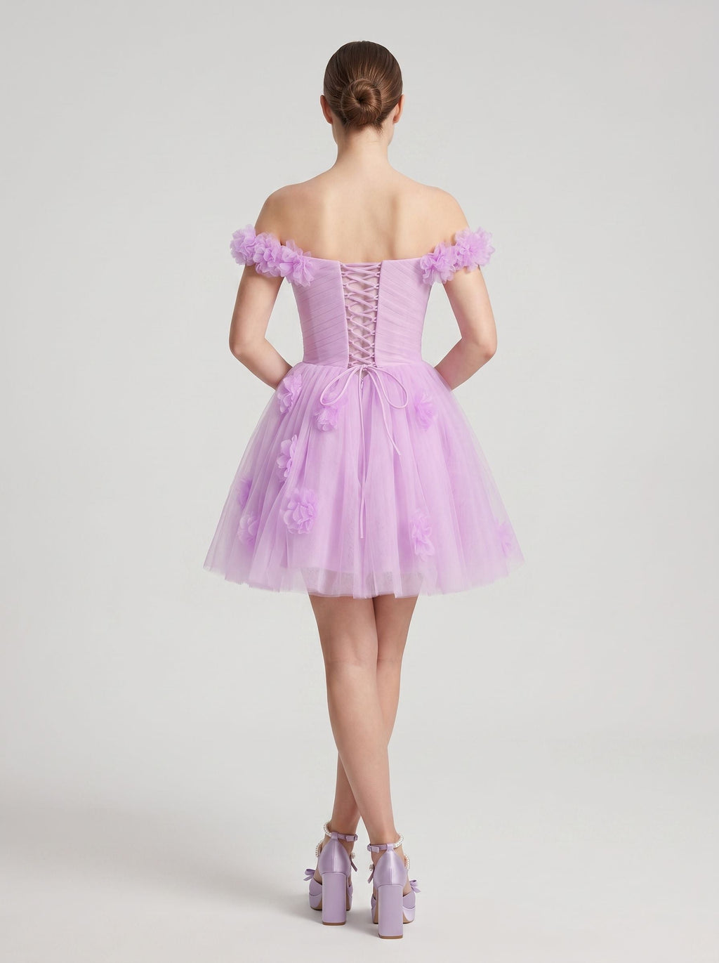 Wisteria Tulle A-Line Off-the-Shoulder Lace-up Short Dress with 3D Florals - Curvevia