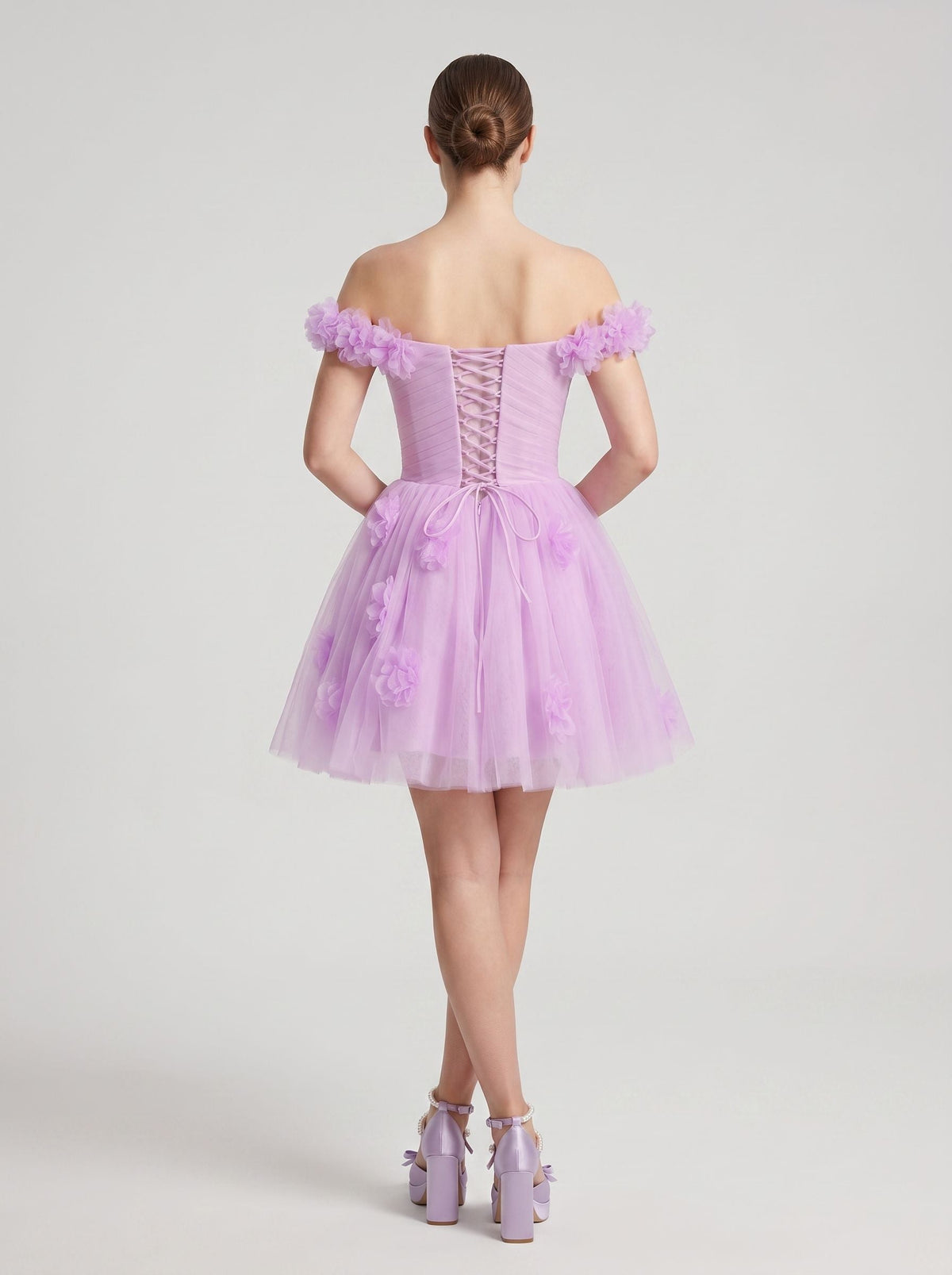 Wisteria Tulle A-Line Off-the-Shoulder Lace-up Short Dress with 3D Florals - Curvevia