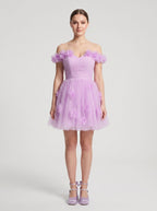 Wisteria Tulle A-Line Off-the-Shoulder Lace-up Short Dress with 3D Florals - Curvevia