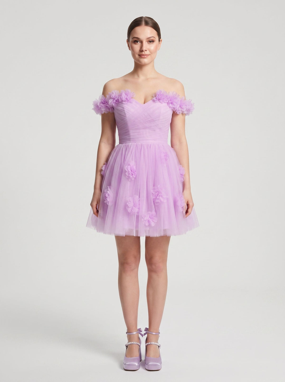 Wisteria Tulle A-Line Off-the-Shoulder Lace-up Short Dress with 3D Florals - Curvevia
