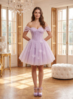 Lilac Tulle A-Line Off-the-Shoulder Criss-Cross Straps Short Dress with 3D Flowers - Curvevia