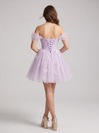 Lilac Tulle A-Line Off-the-Shoulder Criss-Cross Straps Short Dress with 3D Flowers - Curvevia