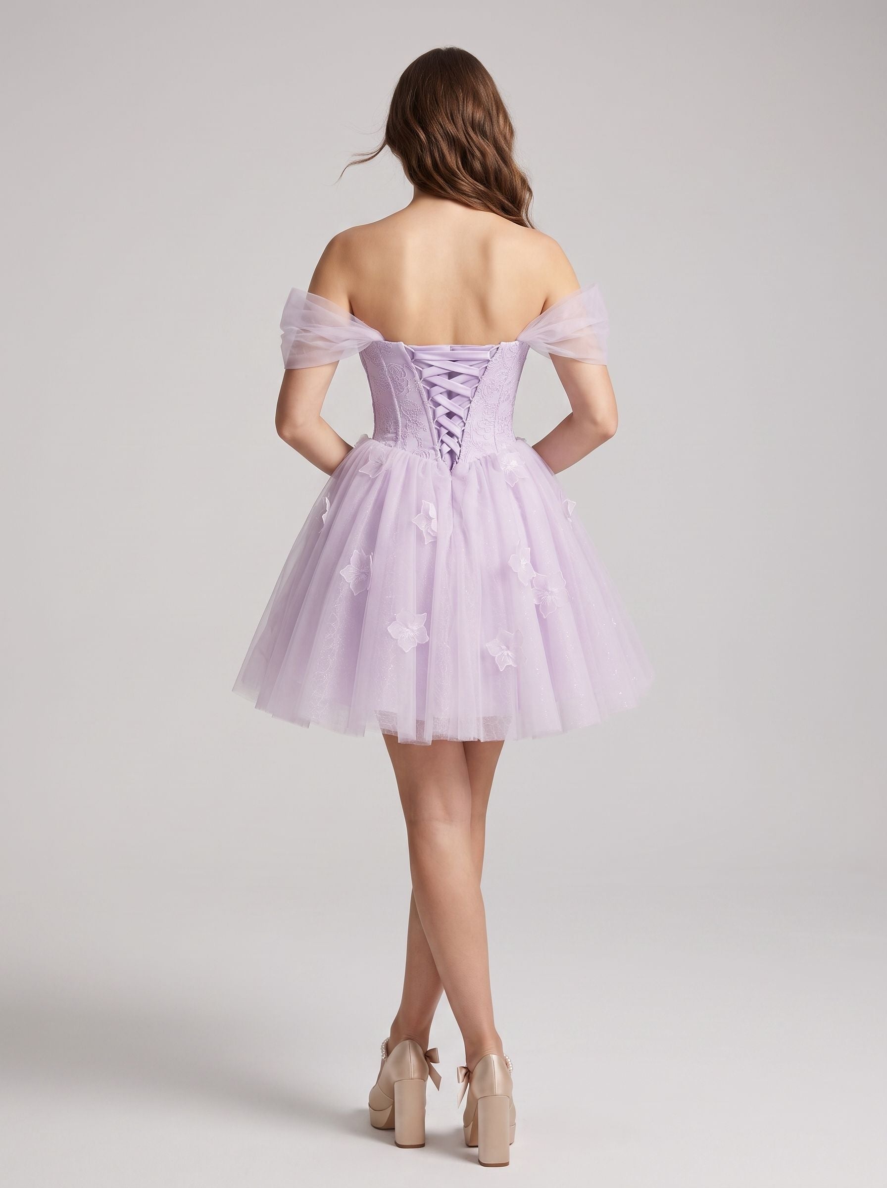 Lilac Tulle A-Line Off-the-Shoulder Criss-Cross Straps Short Dress with 3D Flowers - Curvevia