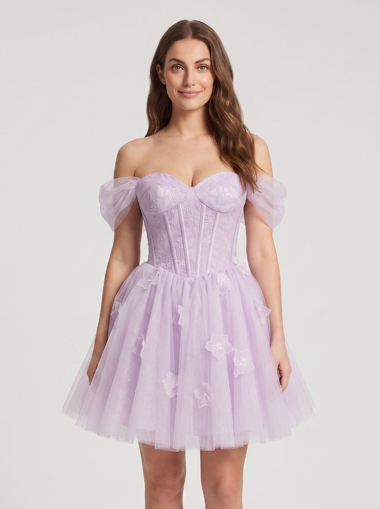 Lilac Tulle A-Line Off-the-Shoulder Criss-Cross Straps Short Dress with 3D Flowers - Curvevia