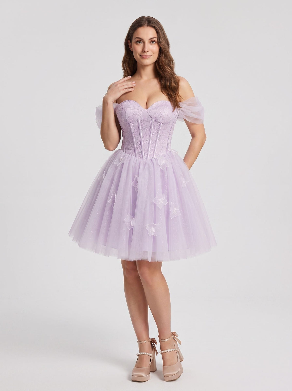 Lilac Tulle A-Line Off-the-Shoulder Criss-Cross Straps Short Dress with 3D Flowers - Curvevia