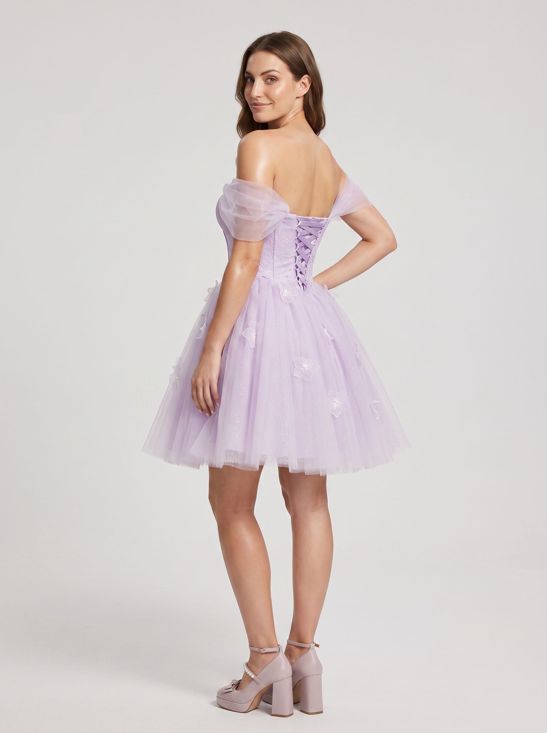 Lilac Tulle A-Line Off-the-Shoulder Criss-Cross Straps Short Dress with 3D Flowers - Curvevia
