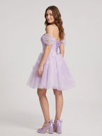 Lilac Tulle A-Line Off-the-Shoulder Criss-Cross Straps Short Dress with 3D Flowers - Curvevia