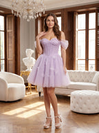 Lilac Tulle A-Line Off-the-Shoulder Criss-Cross Straps Short Dress with 3D Flowers - Curvevia