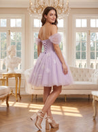 Lilac Tulle A-Line Off-the-Shoulder Criss-Cross Straps Short Dress with 3D Flowers - Curvevia