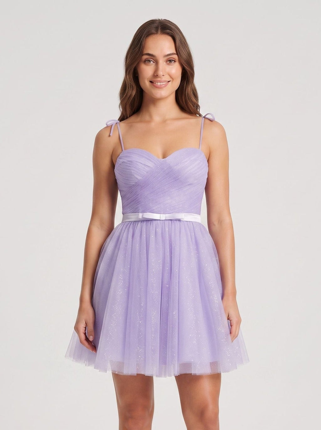 Lavender Tulle A-Line Sweetheart Back Zip Short Dress with Tie Straps - Curvevia