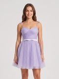 Lavender Tulle A-Line Sweetheart Back Zip Short Dress with Tie Straps - Curvevia
