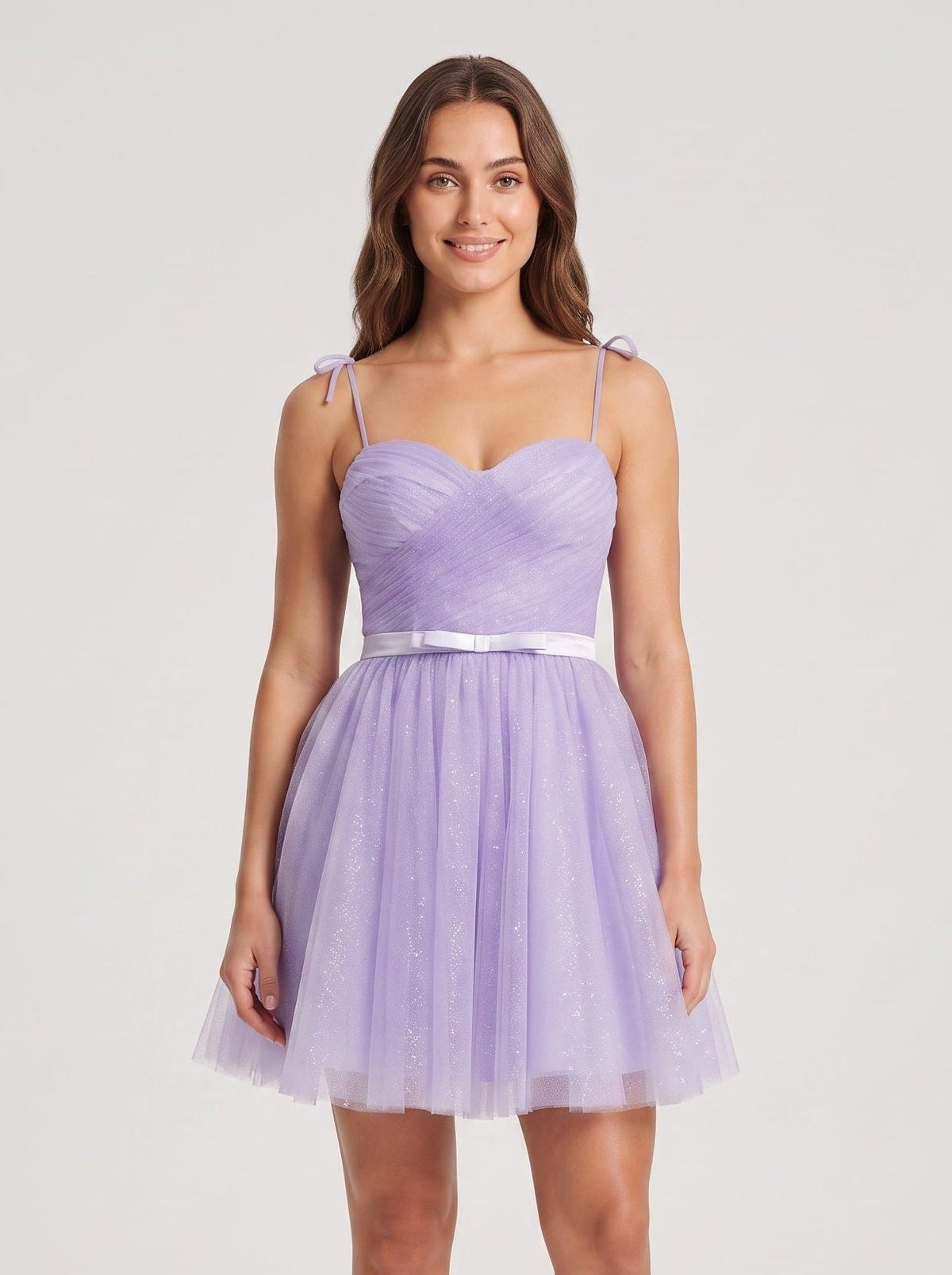 Lavender Tulle A-Line Sweetheart Back Zip Short Dress with Tie Straps - Curvevia