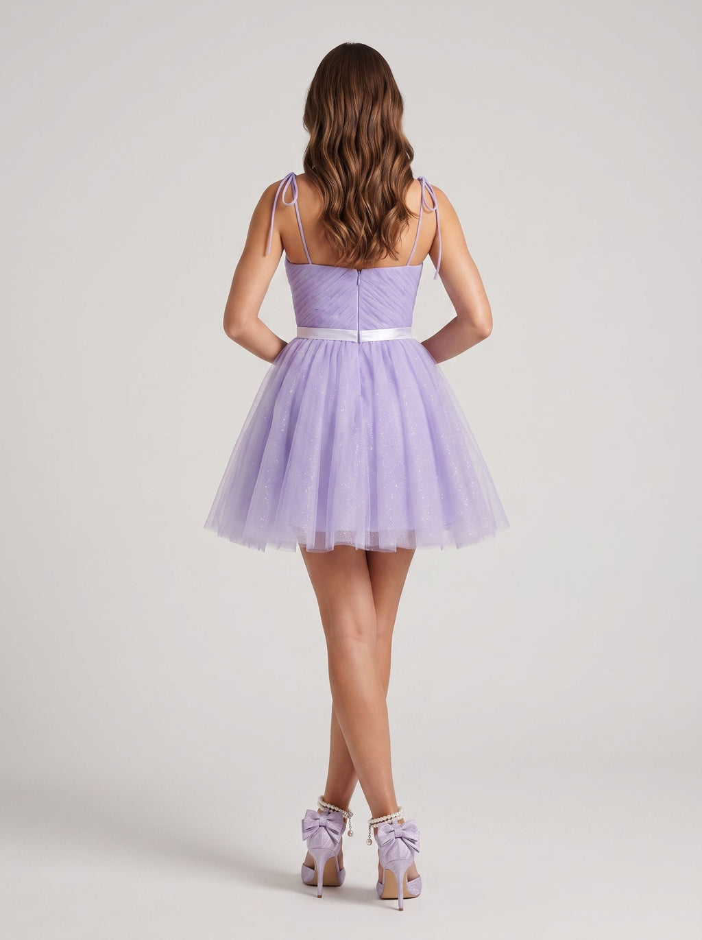 Lavender Tulle A-Line Sweetheart Back Zip Short Dress with Tie Straps - Curvevia