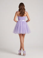 Lavender Tulle A-Line Sweetheart Back Zip Short Dress with Tie Straps - Curvevia