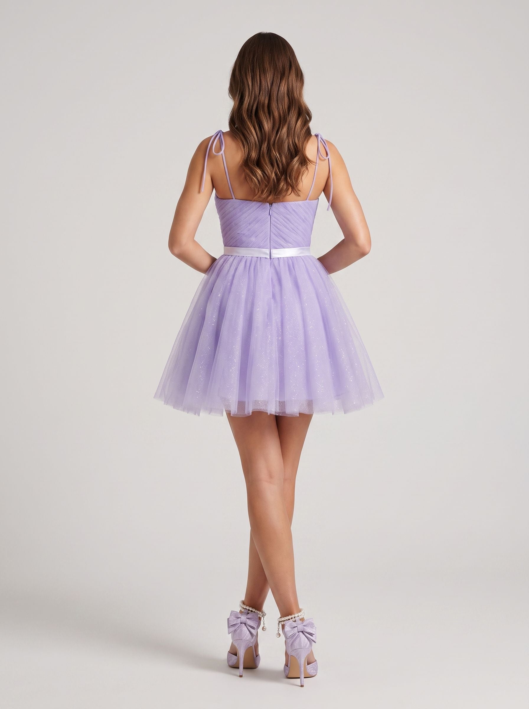 Lavender Tulle A-Line Sweetheart Back Zip Short Dress with Tie Straps - Curvevia