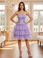 Wisteria Tulle A-Line Sweetheart Criss-Cross Straps Short Dress with Beading - Curvevia