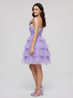 Wisteria Tulle A-Line Sweetheart Criss-Cross Straps Short Dress with Beading - Curvevia