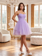 Wisteria Tulle A-Line Sweetheart Lace-up Short Dress with Spaghetti Straps - Curvevia