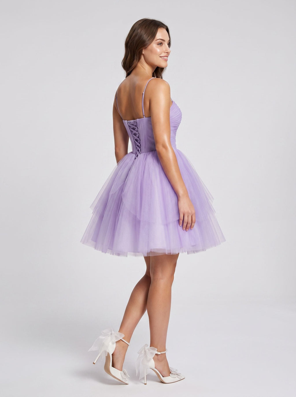 Wisteria Tulle A-Line Sweetheart Lace-up Short Dress with Spaghetti Straps - Curvevia