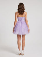 Wisteria Tulle A-Line Sweetheart Lace-up Short Dress with Spaghetti Straps - Curvevia