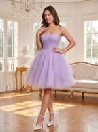 Wisteria Tulle A-Line Sweetheart Lace-up Short Dress with Spaghetti Straps - Curvevia