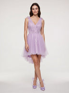 Lilac Tulle A-Line V-Neck Short Dress with Lace Appliques - Curvevia