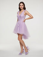 Lilac Tulle A-Line V-Neck Short Dress with Lace Appliques - Curvevia