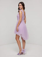 Lilac Tulle A-Line V-Neck Short Dress with Lace Appliques - Curvevia