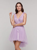 Lilac Tulle A-Line V-Neck Short Dress with Lace Appliques - Curvevia