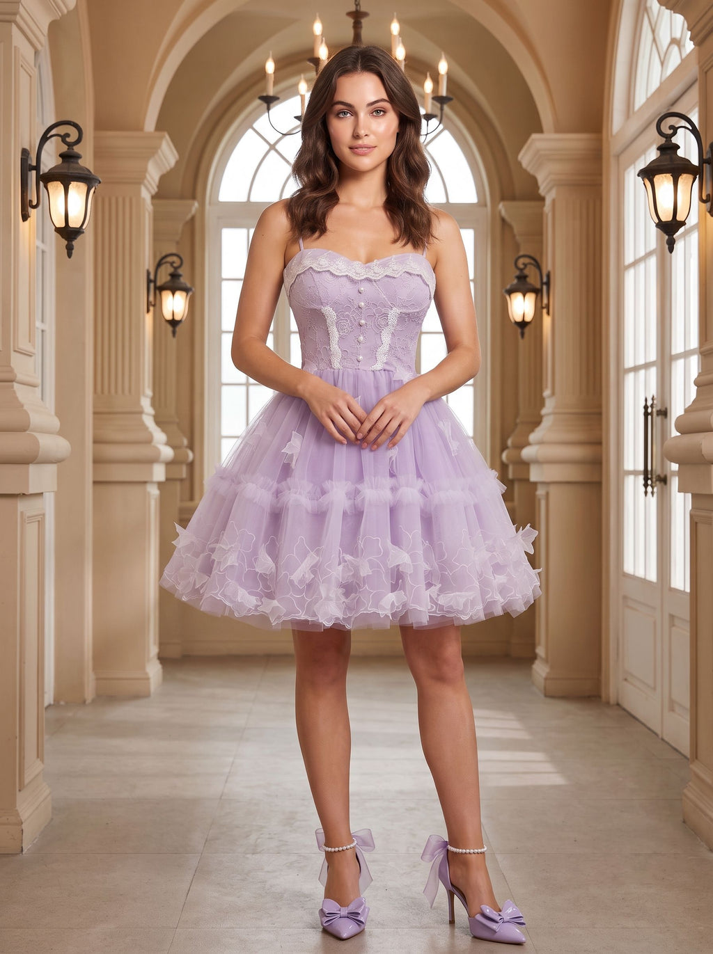 Lavender Tulle A-Line Sweetheart Criss-Cross Straps Short Dress with 3D Applique - Curvevia