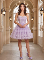 Lavender Tulle A-Line Sweetheart Criss-Cross Straps Short Dress with 3D Applique - Curvevia
