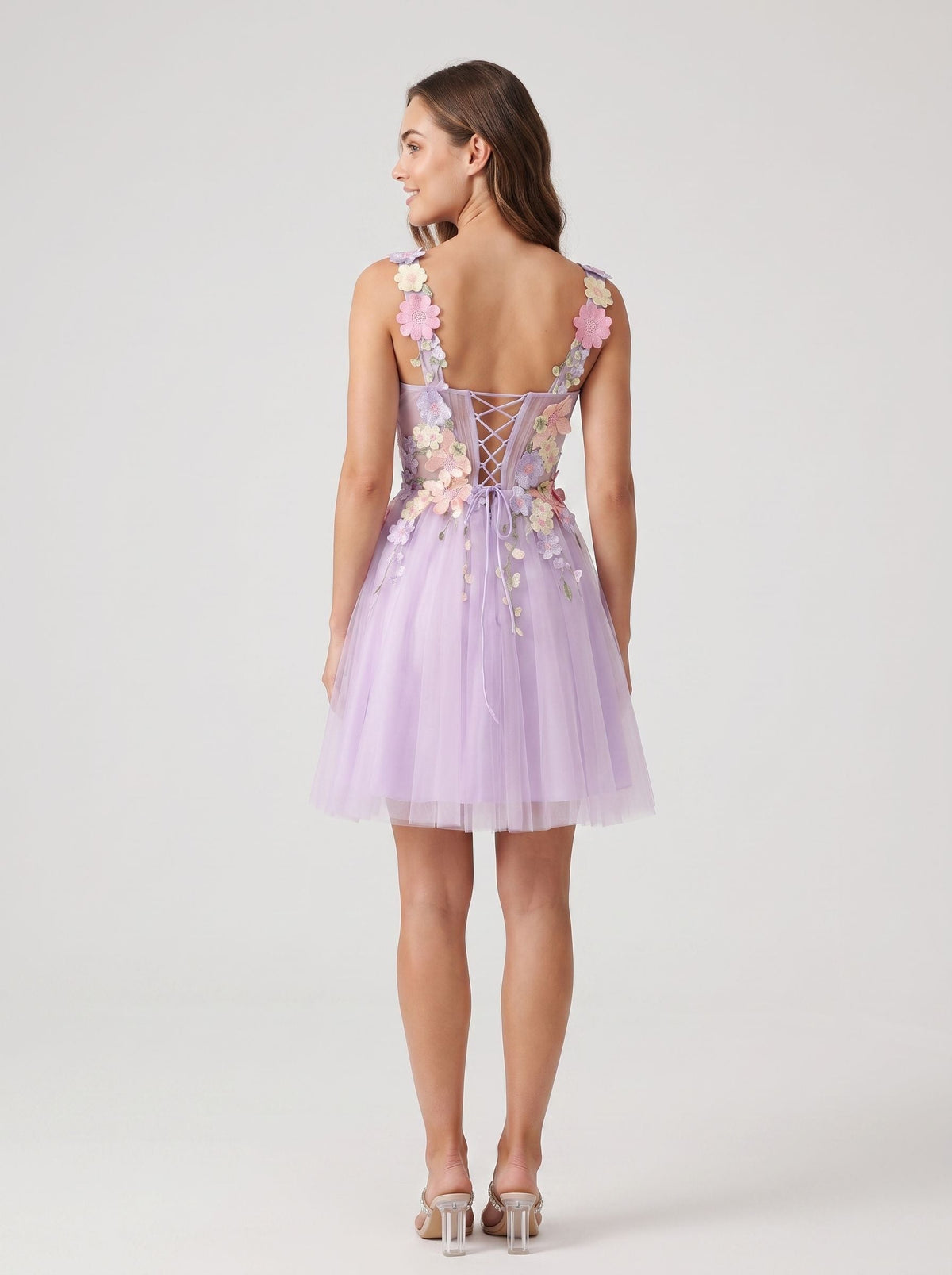 Lilac Tulle A-Line Sweetheart Lace-up Short Dress with 3D Flowers - Curvevia