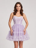 Lavender Tulle A-Line Sweetheart Criss-Cross Straps Short Dress with 3D Applique - Curvevia