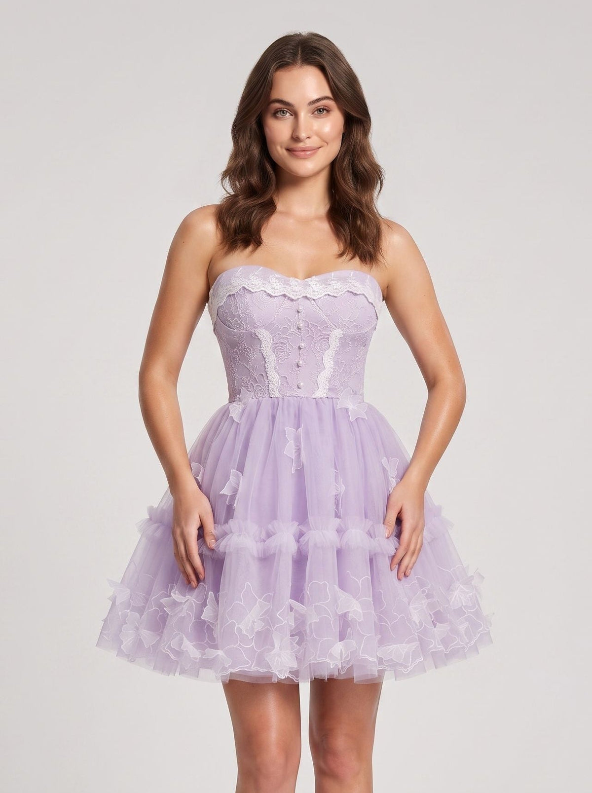 Lavender Tulle A-Line Sweetheart Criss-Cross Straps Short Dress with 3D Applique - Curvevia