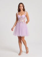 Lilac Tulle A-Line Sweetheart Lace-up Short Dress with 3D Flowers - Curvevia