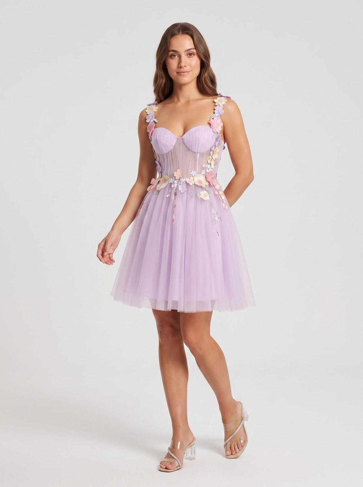 Lilac Tulle A-Line Sweetheart Lace-up Short Dress with 3D Flowers - Curvevia