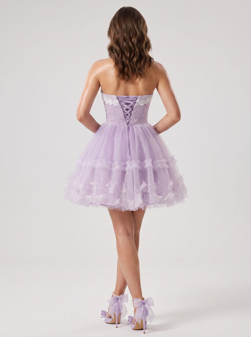 Lavender Tulle A-Line Sweetheart Criss-Cross Straps Short Dress with 3D Applique - Curvevia