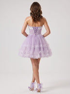 Lavender Tulle A-Line Sweetheart Criss-Cross Straps Short Dress with 3D Applique - Curvevia