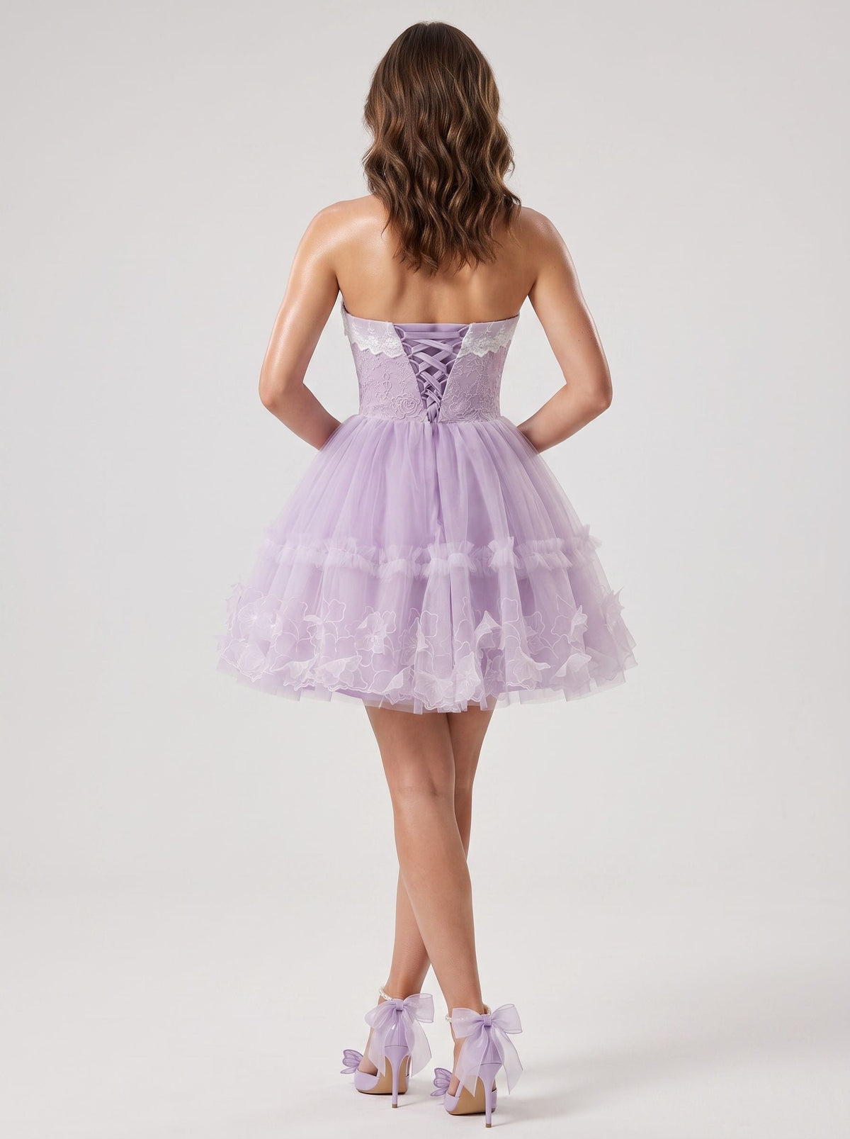 Lavender Tulle A-Line Sweetheart Criss-Cross Straps Short Dress with 3D Applique - Curvevia