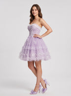 Lavender Tulle A-Line Sweetheart Criss-Cross Straps Short Dress with 3D Applique - Curvevia