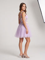 Lilac Tulle A-Line Sweetheart Lace-up Short Dress with 3D Flowers - Curvevia