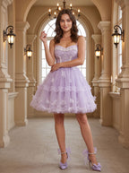 Lavender Tulle A-Line Sweetheart Criss-Cross Straps Short Dress with 3D Applique - Curvevia