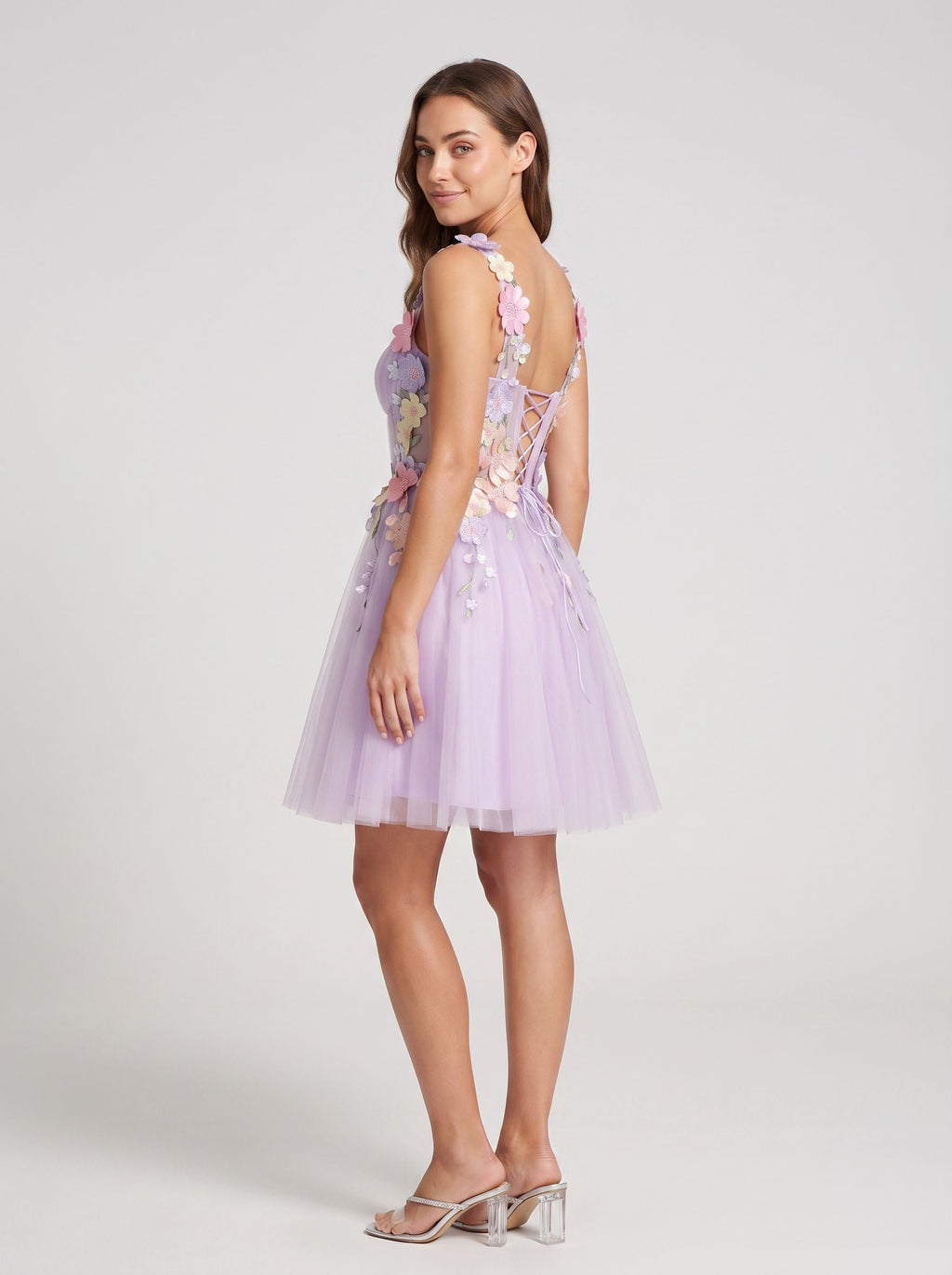 Lilac Tulle A-Line Sweetheart Lace-up Short Dress with 3D Flowers - Curvevia