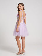 Lilac Tulle A-Line Sweetheart Lace-up Short Dress with 3D Flowers - Curvevia