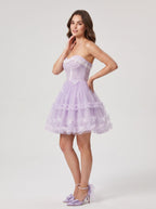 Lavender Tulle A-Line Sweetheart Criss-Cross Straps Short Dress with 3D Applique - Curvevia