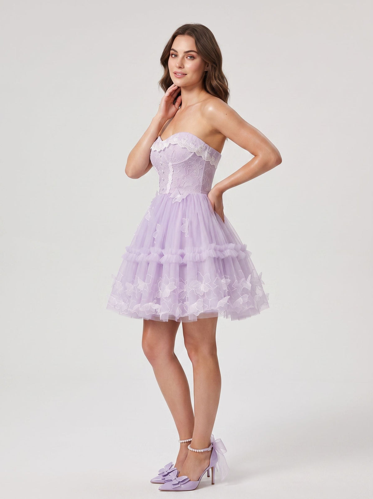 Lavender Tulle A-Line Sweetheart Criss-Cross Straps Short Dress with 3D Applique - Curvevia
