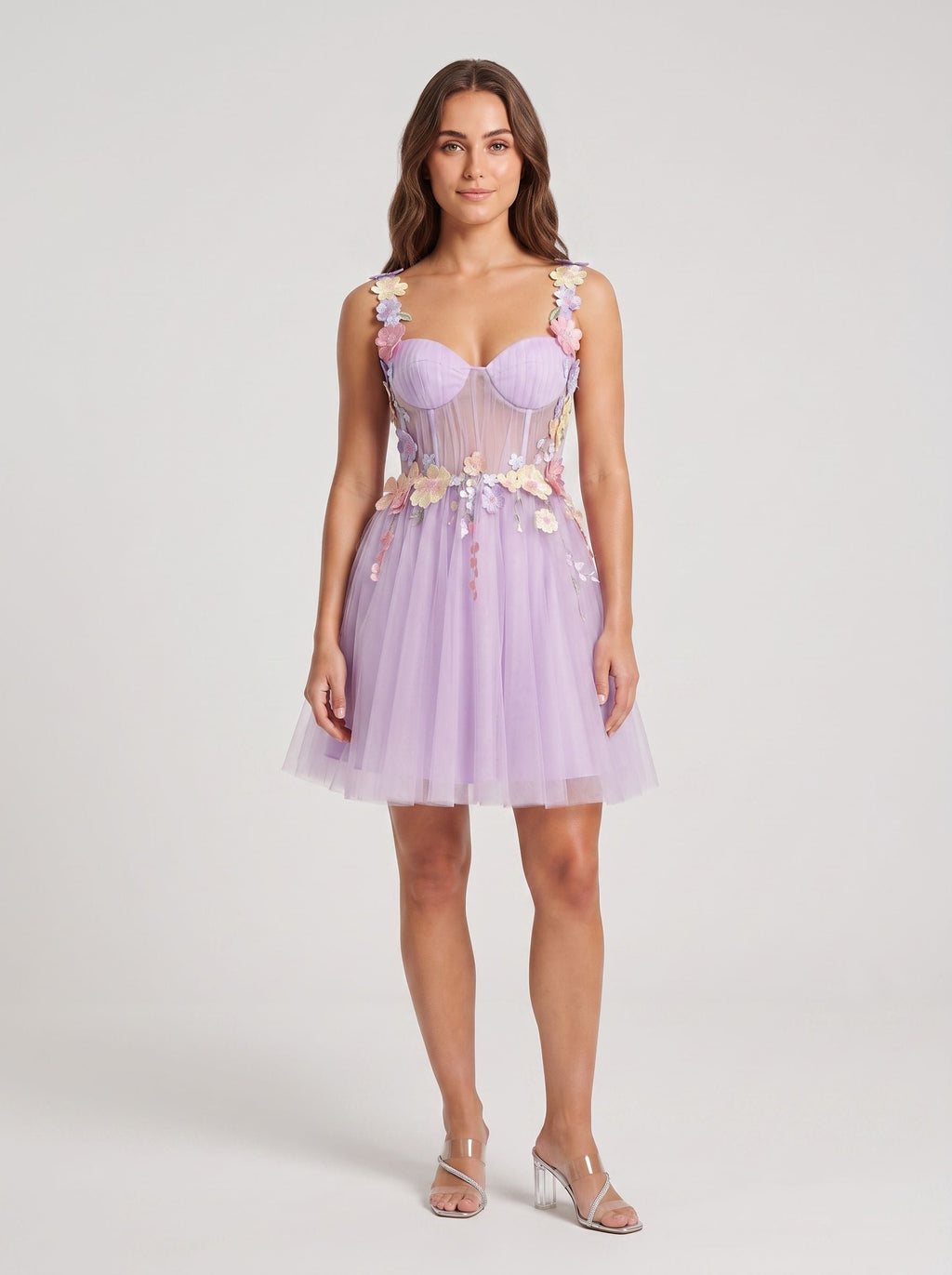 Lilac Tulle A-Line Sweetheart Lace-up Short Dress with 3D Flowers - Curvevia