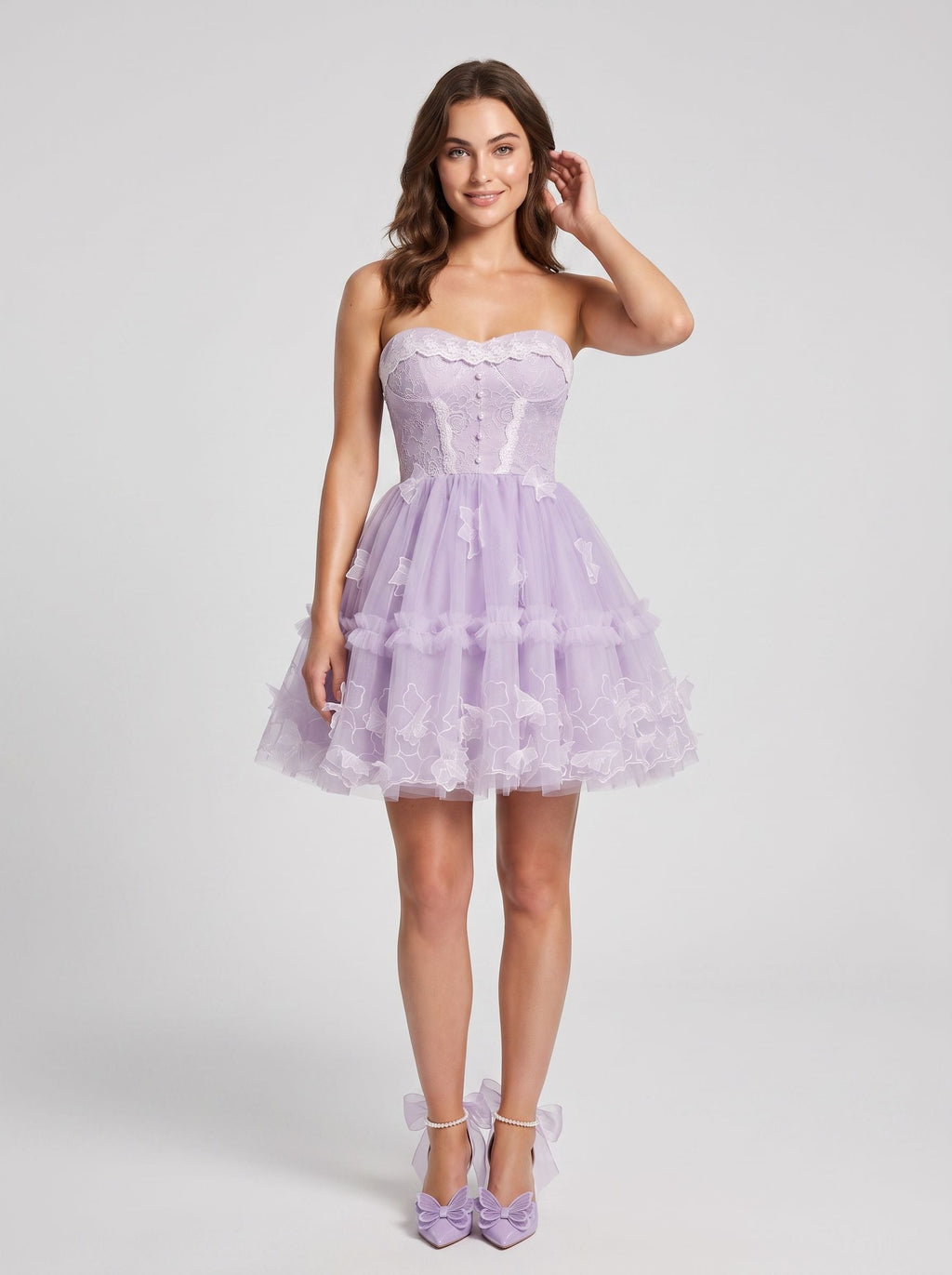 Lavender Tulle A-Line Sweetheart Criss-Cross Straps Short Dress with 3D Applique - Curvevia