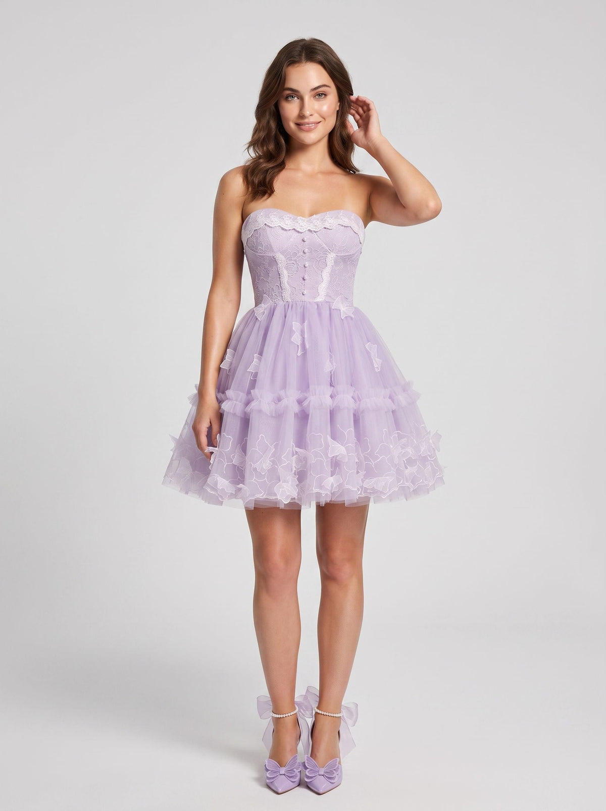 Lavender Tulle A-Line Sweetheart Criss-Cross Straps Short Dress with 3D Applique - Curvevia