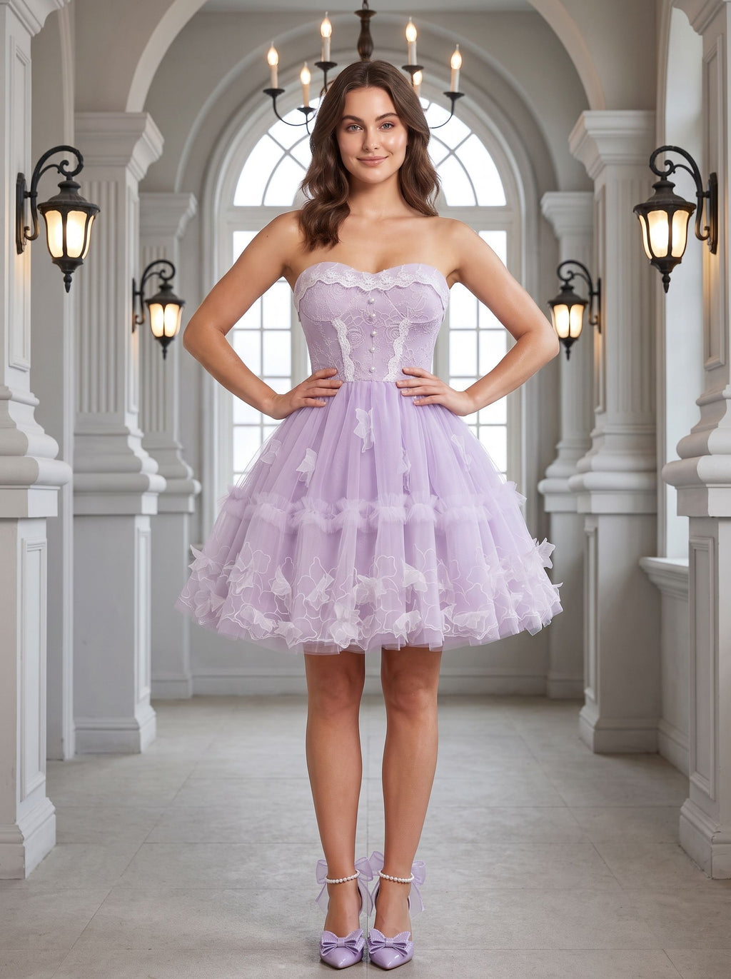 Lavender Tulle A-Line Sweetheart Criss-Cross Straps Short Dress with 3D Applique - Curvevia